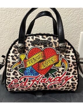 Ed Hardy Leopard Print Satchel with Multicolor 'Eternal Love' Heart